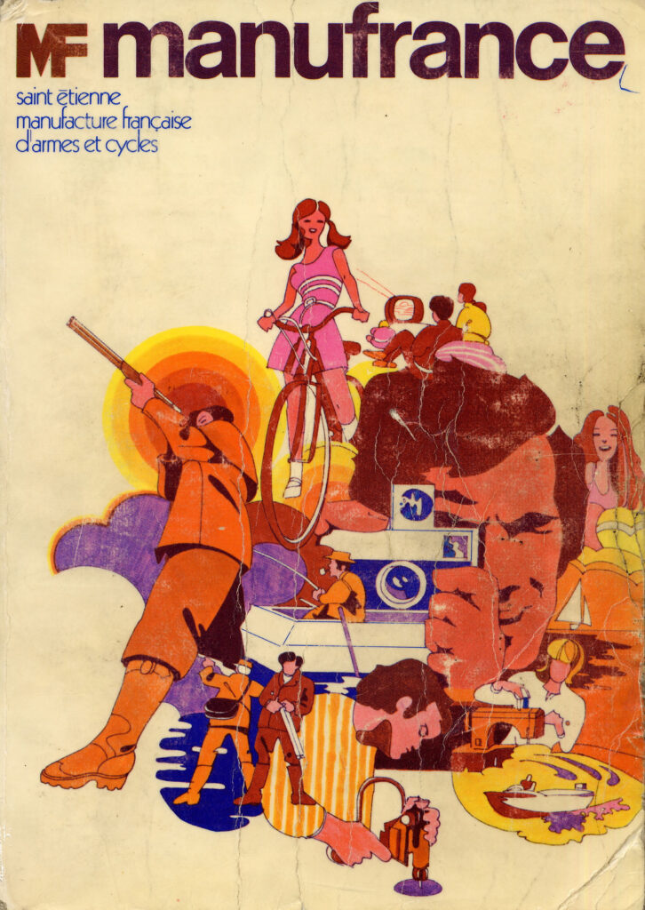 Couverture d'un catalogue de vente en ligne avec des dessins colorés de personnes utilisant des objets et outils (vélo, télévision, appareil photo, fusil, canne à p^che, machine à coudre, etc.)